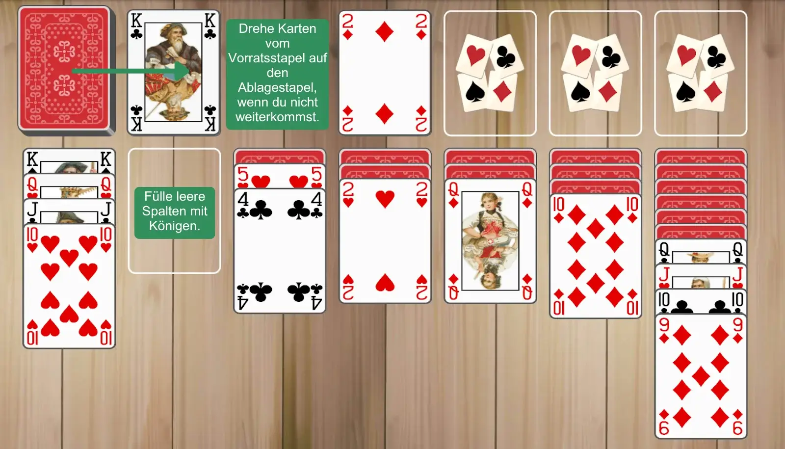 Nutze leere Spalten mit Bedacht und ziehe vom Talonstapel, wenn du feststeckst