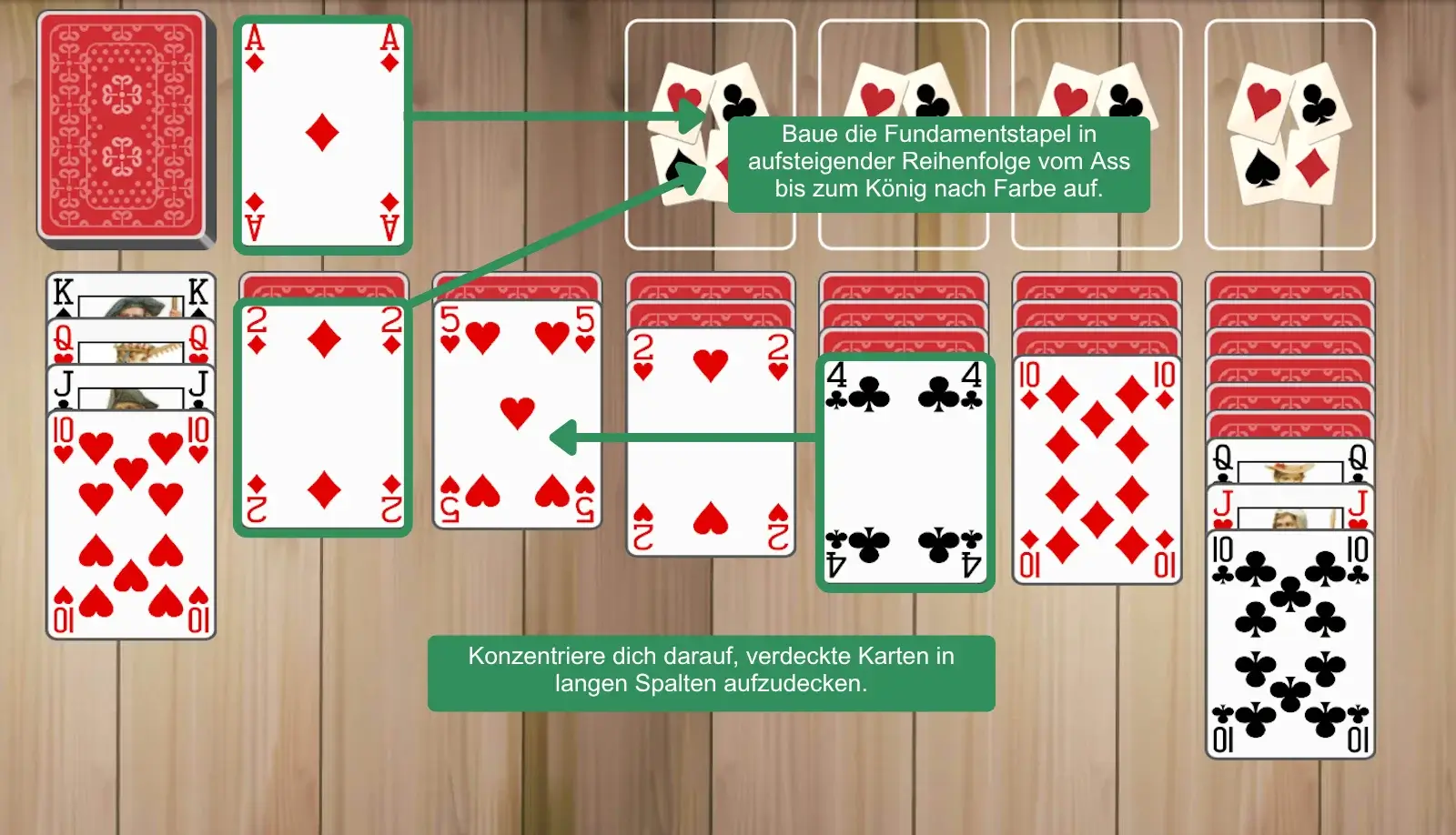 Baue die Grundstapel auf und decke verdeckte Karten auf